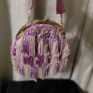 Purple Embroidered Clutch with Fringe Details